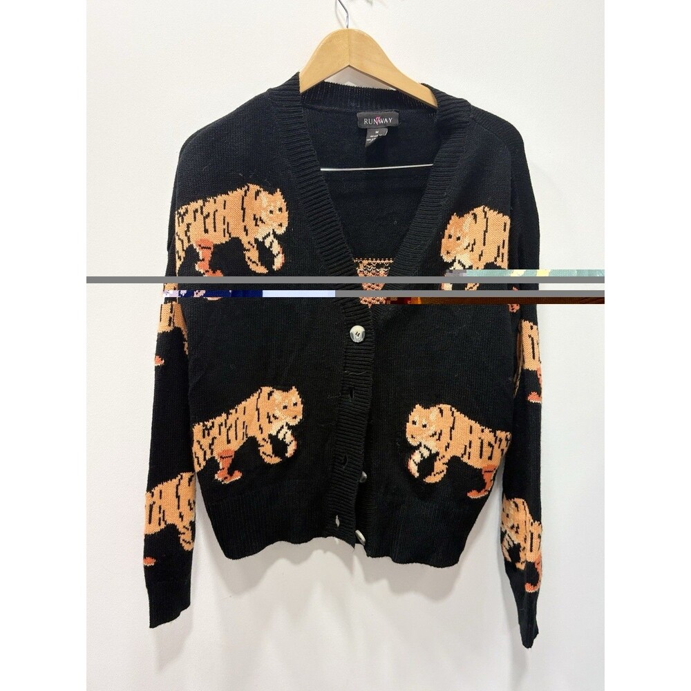 Runway Black Tiger Cardigan Sweater Women’s M Orange Animal Print Button Front